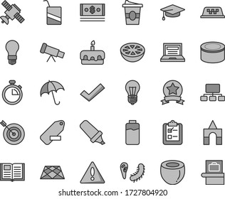 Thin line gray tint vector icon set - warning vector, laptop, stopwatch, check mark, remove label, e, box of bricks, pavement, book, umbrella, survey, canned goods, torte, coffe to go, half coconut