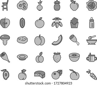 Thin line gray tint vector icon set - mug for feeding vector, bottle, deep plate with a spoon, chair child, cheese, mushroom, of milk, chicken thigh, grill leg, piece meat, beet, fried potato slices