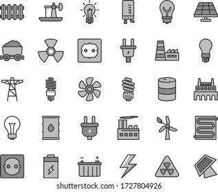 Thin line gray tint vector icon set - lightning vector, matte light bulb, saving, power socket type f, heating coil, new radiator, electronic boiler, marine propeller, charging battery, solar panel