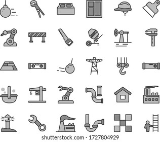 Thin Line Gray Tint Vector Icon Set - Crane Vector, Dwelling, Winch Hook, Big Core, Concrete Mixer, Window, Adjustable Wrench, Arm Saw, Sewerage, Construction Level, Building, Tile, Helmet, Block