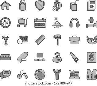 Thin line gray tint vector icon set - bookmark vector, silent mode, remove label, powder, baby bath ball, packing of juice with a straw, tricycle, house, hand saw, brick, suitcase, chili, calipers