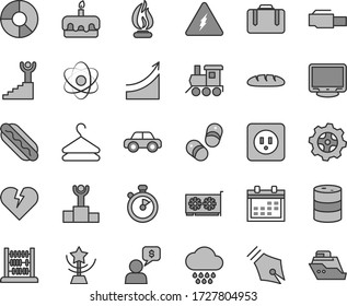 Thin line gray tint vector icon set - calendar vector, cloud, motor vehicle, baby toy train, child shoes, abacus, power socket type b, broken heart, hanger, loaf, Hot Dog, torte, barrel, gear, atom