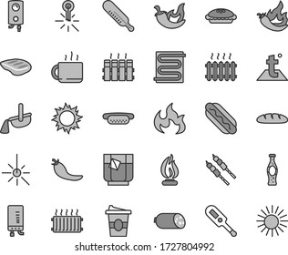 Thin line gray tint vector icon set - electronic thermometer vector e, mercury, heating coil, temperature, radiator, boiler, sausage, loaf, Hot Dog, mini, pie, chop, barbecue, chili, cup of tea, sun