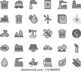 Thin line gray tint vector icon set - dust bin vector, drop, bag with handles, apple stub, solar panel, working oil derrick, leaves, leaf, gas station, wind energy, manufacture, factory, trees