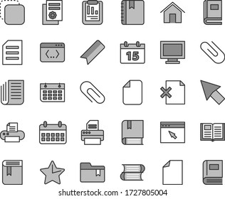 Thin line gray tint vector icon set - monitor window vector, clip, bookmark, clean sheet of paper, folder, book, e, books, home, calendar, star, notebook, delete page, copy, statistical report, wall