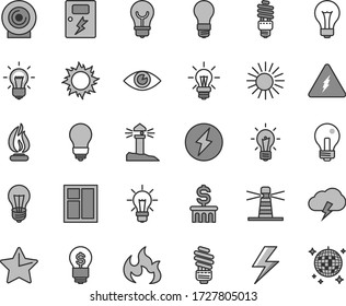 Thin Line Gray Tint Vector Icon Set - Lightning Vector, Matte Light Bulb, Incandescent Lamp, Window, Saving, Dangers, Star, Eye, Storm Cloud, Lens, Energy, Lighthouse, Coastal, Electricity, Flame