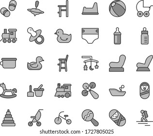 Thin line gray tint vector icon set - toys over the cradle vector, dummy, feeding bottle, measuring for, diaper, beanbag, baby rattle, chair, car child seat, stroller, summer, rubber duck, duckling