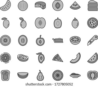 Thin line gray tint vector icon set - stationery knife vector, cheese, pizza, piece of, slices onion, cake, slice, bacon, orange, sandwich, plum, water melon, half mango, delicious, peach, tangerine