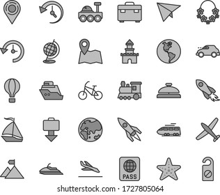 Thin line gray tint vector icon set - suitcase vector, passport, planet, Earth, retro car, location, space rocket, history, globe, lunar rover, mountain flag, paper plane, sand castle, train, bike