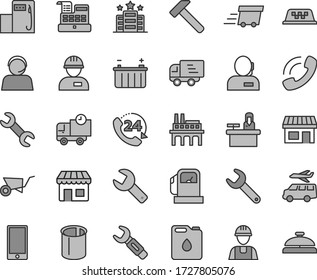 Thin line gray tint vector icon set - repair key vector, builder, workman, building trolley, hammer, smartphone, delivery, 24, gas station, modern, battery, industrial enterprise, canister of oil