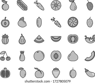 Thin line gray tint vector icon set - Hot Dog vector, chili, carrot, strawberry, cherry, ripe peach, half pomegranate, plum, rose hip, fig, blueberry, mulberry, tasty, slice of melon, water, passion