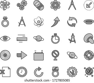 Thin line gray tint vector icon set - prohibition vector, clock face, right direction, renewal, minus, clockwise, tumbler, cogwheel, gear, left bottom arrow, eye, timer, CD, delete page, porcini, up