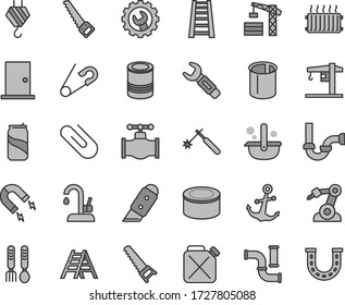 Thin line gray tint vector icon set - open pin vector, iron fork spoons, crane, tower, hook, hand saw, arm, stepladder, ladder, sewerage, ntrance door, gear, knife, kitchen faucet, anchor, clip, tin