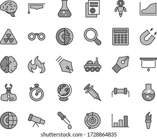 Thin line gray tint vector icon set - scientific publication vector, flask, telescope, glasses, nuclear, zoom, brain, pipette, globe, magnet, flame, scientist, graduate hat, calculator, growth graph