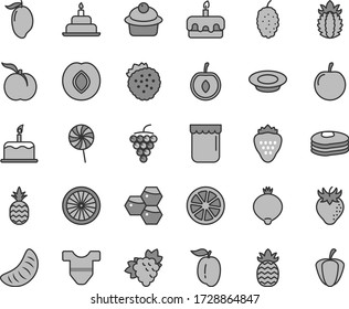 Thin line gray tint vector icon set - Child T shirt vector, birthday cake, muffin, torte, a plate of milk, lollipop, jam, strawberry, strawberries, pineapple, pancakes, honeycombs, ripe peach, large