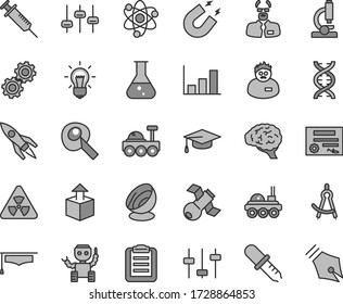 Thin line gray tint vector icon set - unpacking vector, flask, microscope, atom, nuclear, dna, bulb, brain, gears, settings, satellite, pipette, magnet, scientist, graduate hat, clipboard, robot