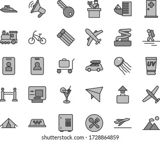 Thin line gray tint vector icon set - plane vector, train, car baggage, taxi, hang glider, bike, backpacker, rope barrier, identity card, passort control, departure, atm, hotel, tent, uv cream, cafe