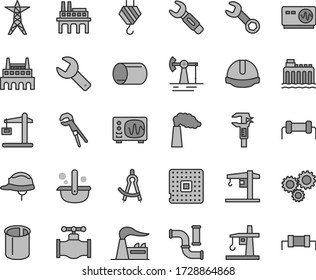 Thin line gray tint vector icon set - repair key vector, crane, hook, adjustable wrench, construction helmet, working oil derrick, valve, water pipes, manufacture, factory, hydroelectricity, tower