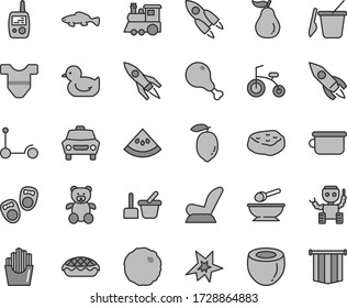 Thin line gray tint vector icon set - Child T shirt vector, car seat, baby duckling, toy mobile phone, sand set, children's, deep plate with a spoon, potty, teddy bear, train, bicycle, Kick scooter