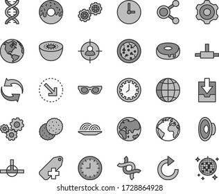 Thin line gray tint vector icon set - sign of the planet vector, clock face, renewal, clockwise, loudspeaker, add label, download archive data, gears, cogwheel, wall, earth, right bottom arrow, kiwi