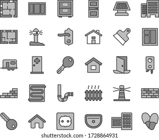 Thin line gray tint vector icon set - house vector, bedside table, dwelling, brickwork, brick wall, window, frame, sink, siphon, laying out, lay of flat, power socket type f, door knob, interroom