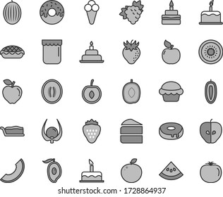 Thin line gray tint vector icon set - cake vector, birthday, piece of, slice, with a hole, glazed, apple pie, cone, jam, strawberry, branch grape, apricot, red, tasty, melon, half mango, cherry