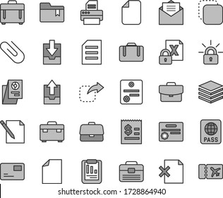 Thin line gray tint vector icon set - clean sheet of paper vector, upload archive data, download, folder bookmark, portfolio, suitcase, received letter, case, passport, pile, pass card, notes, clip