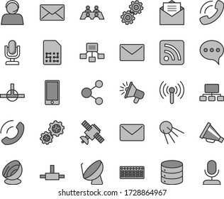 Thin line gray tint vector icon set - desktop microphone vector, horn, rss feed, envelope, received letter, speech, smartphone, big data, phone call, artificial satellite, gears, dish, SIM, scheme