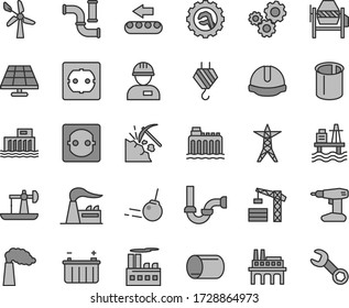 Thin line gray tint vector icon set - tower crane vector, workman, hook, concrete mixer, drill, sewerage, power socket type f, construction helmet, star gear, core, sea port, solar panel, factory