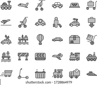 Thin line gray tint vector icon set - summer stroller vector, sitting, motor vehicle, baby toy train, child Kick scooter, traffic signal, delivery, cardboard box, shipment, sea port, battery, taxi