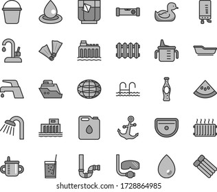 Thin line gray tint vector icon set - mug for feeding vector, measuring cup, rubber duck, bath, bucket, sink, shower, siphon, construction level, new radiator, faucet mixer, kitchen, drop, anchor