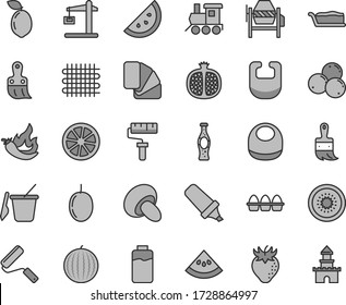 Thin line gray tint vector icon set - paint roller vector, bib, baby, children's sand set, toy train, concrete mixer, new, sample of colour, plastic brush, wooden, bundle eggs, porcini, cake slice