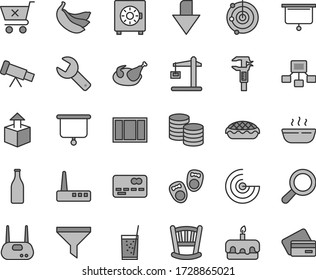 Thin line gray tint vector icon set - repair key vector, downward direction, magnifier, cradle, shoes for little children, window frame, strongbox, crossed cart, coins, unpacking, torte, apple pie