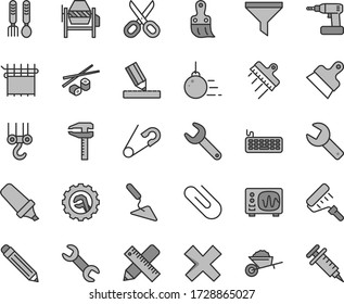 Thin line gray tint vector icon set - repair key vector, scissors, graphite pencil, cross, open pin, iron fork spoons, winch hook, big core, garden trolley, building trowel, concrete mixer, drawing