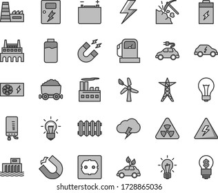 Thin line gray tint vector icon set - lightning vector, danger of electricity, matte light bulb, power socket type f, dangers, new radiator, electronic boiler, storm cloud, charge level, coal mining