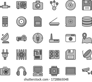 Thin line gray tint vector icon set - camera vector, floppy disk, electric plug, processor, satellite dish, antenna, SIM card, goal woman, computer, notebook pc, radiator fan, tower, motherboard, cd