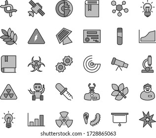 Dünne Linie grau Tint Vektor-Symbol-Satz - Buch Vektor, e, Reagenzglas, Mikroskop, Teleskop, Molekül, Elektrizität, nuklear, DNA, Bulb, Gänge, Satellit, Bakterie, Biogefährdung, Pipette, Wissenschaftler, Radar