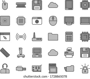 Thin line gray tint vector icon set - operator vector, smd, processor, calculator, computer, tablet pc, notebook, radiator fan, mouse, cpu, memory, card, monitor, router, printer, browser, folder