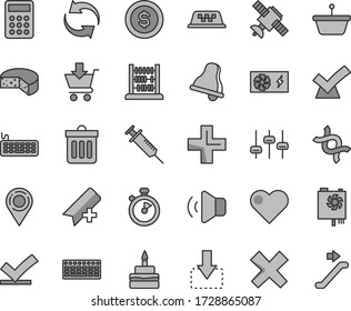 Thin line gray tint vector icon set - bell vector, add bookmark, renewal, plus, cross, abacus, dust bin, heart, volume, put in cart, move down, cheese, birthday cake, pan, location, calculator, dna