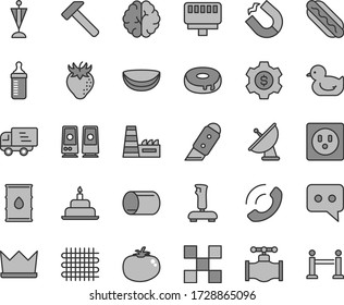 Thin line gray tint vector icon set - measuring bottle for feeding vector, baby duckling, birthday cake, tile, knife, hammer, phone call, Hot Dog, with a hole, tomato, strawberry, piece of coconut