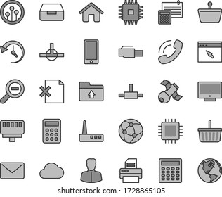 Thin line gray tint vector icon set - grocery basket vector, zoom out, upload folder, house, calculation, screen, smartphone, drawer, delete page, shopping, woman, phone call, calculator, cpu, mail
