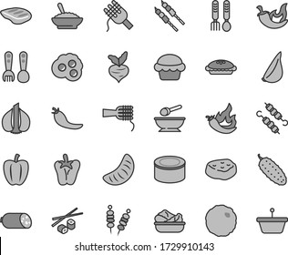 Thin line gray tint vector icon set - deep plate with a spoon vector, plastic fork spoons, iron, sausage, canned goods, fried vegetables on sticks, spaghetti, noodles, cake, pie, lettuce in, chop