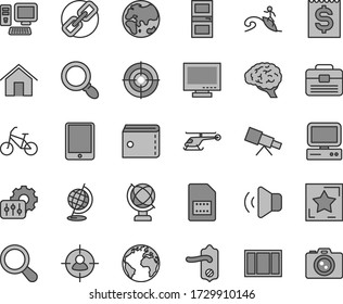 Thin line gray tint vector icon set - sign of the planet vector, monitor, purse, spectacles, window frame, portfolio, door knob, interroom, home, globe, volume, SIM card, man in sight, computer, aim
