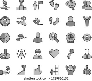 Thin line gray tint vector icon set - women vector, footprints, workman, garden trolley, employee, heart, index finger, lens, woman, man, in sight, dollar, get a wage, brain, bactery, winner podium