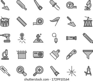 Thin line gray tint vector icon set - graphite pencil vector, yardstick, zoom, wind direction indicator, electronic thermometer e, mercury, drumroll, drum, trowel, building, cordless drill, hand saw