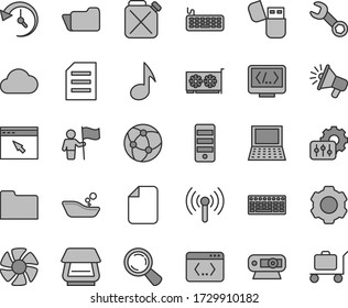 Thin line gray tint vector icon set - children's bathroom vector, canister, magnifier, loudspeaker, notebook pc, fan, keyboard, tower, gpu card, web camera, scanner, usb flash, network, browser