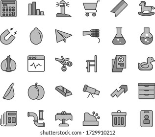 Thin line gray tint vector icon set - bookmark vector, paper airplane, growth up, storage unit, rubber duck, a chair for feeding, small rocking horse, dust bin, cardiogram, cart, noodles, garlic