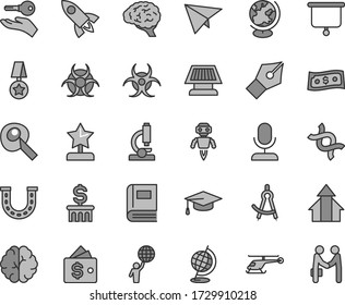 Thin line gray tint vector icon set - microscope vector, dna, brain, book, biohazard, globe, graduate hat, drawing compass, artifical insimination, robot, sun panel, presentation board, ink pen