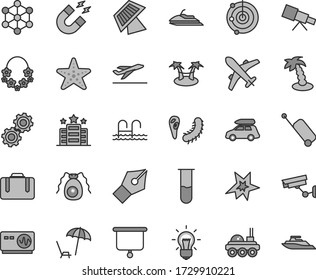 Thin line gray tint vector icon set - test tube vector, telescope, bulb, gears, bactery, oscilloscope, magnet, radar, sun panel, lunar rover, presentation board, 3d cube, ink pen, bang, car baggage