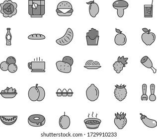 Thin line gray tint vector icon set - plastic fork spoons vector, coffee, bundle of eggs, loaf, big burger, onion, mushroom, cake with a hole, porridge in saucepan, plate fruit, chicken thigh, tea
